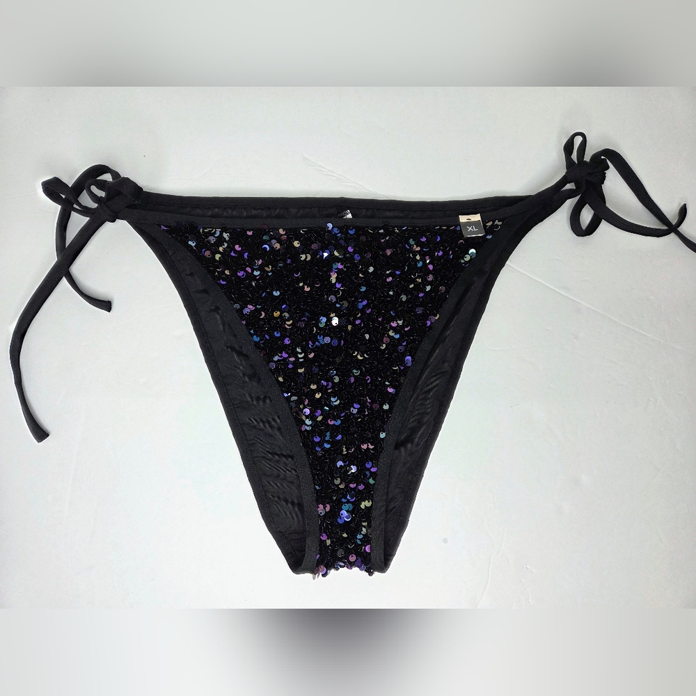 Etam Black Purple Sequin Fizzy String Bikini Bottoms Size XL NwT Festival,  Swim
